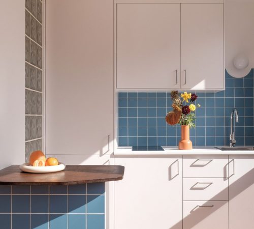 Camille_Huguenot_LesDécoreuses_FelixFaure_HD-6 Cuisine rénovée avec carrelage bleu et meubles blancs dans un studio lumineux